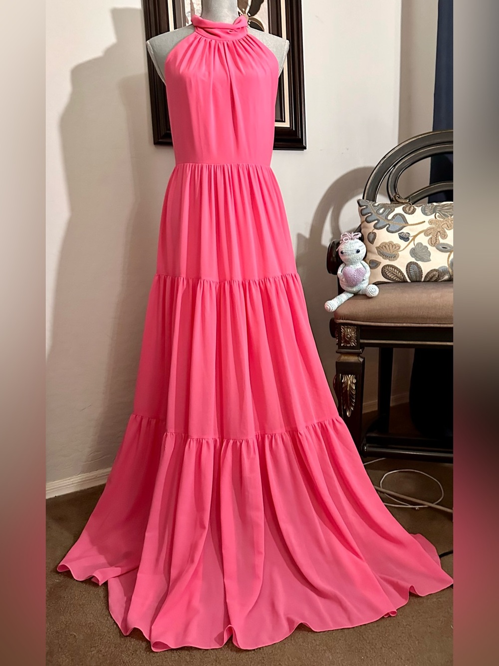 ONE33 Social (Badgley Mischka) Tiered Georgette Halter Gown in Bubble Gum Pi